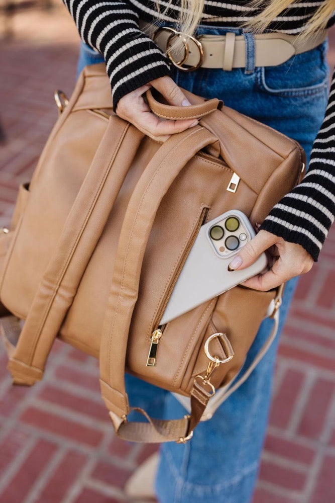 Vegan Leather Convertible Backpack, Diaper, and Crossbody Bag